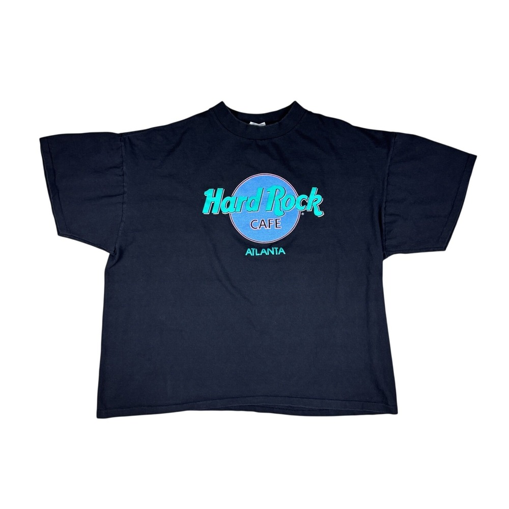 Vtg 90s Hard Rock‎ Cafe Atlanta T-Shirt Men's XL Black USA Made Neon Logo Tee